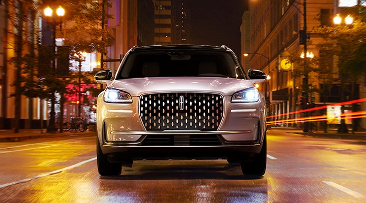 The striking grille of a 2024 Lincoln Corsair® SUV is shown. | Mark Ficken Lincoln in Charlotte NC